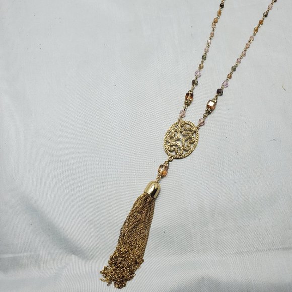 Ali Khan filigree pendant / chain tassel & linked peach glass beads & gi… - Picture 6 of 6